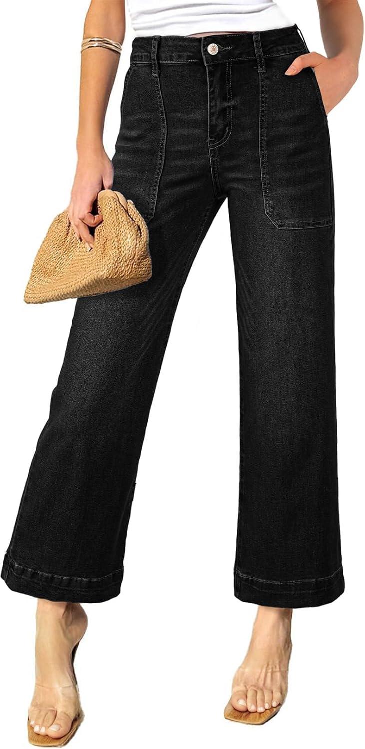 imageAstylish Womens 2026 Stretchy Wide Leg High Waisted Jeans Tummy Control Casual Cropped Ankle Denim PantsBlack