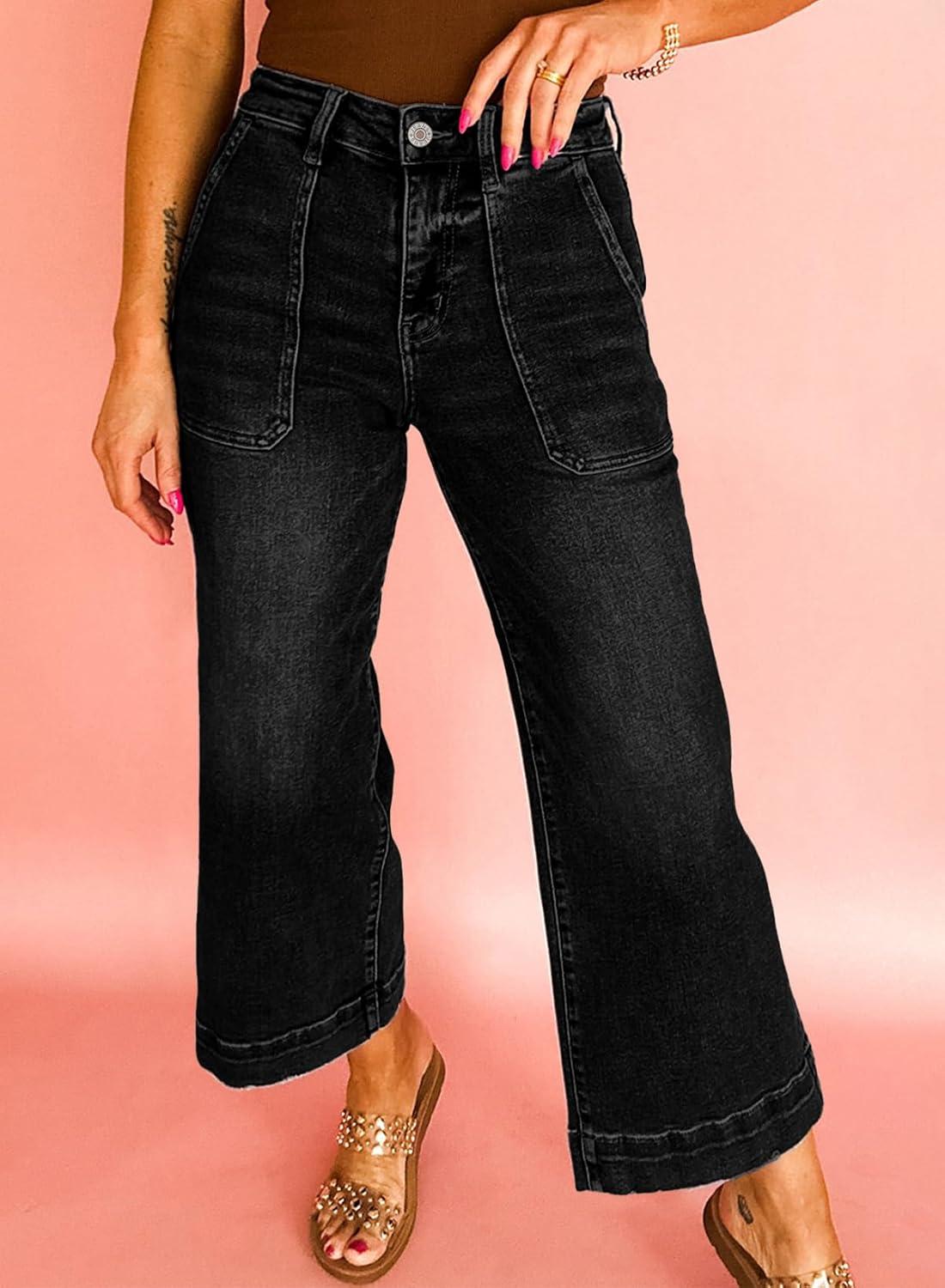 imageAstylish Womens 2026 Stretchy Wide Leg High Waisted Jeans Tummy Control Casual Cropped Ankle Denim PantsBlack