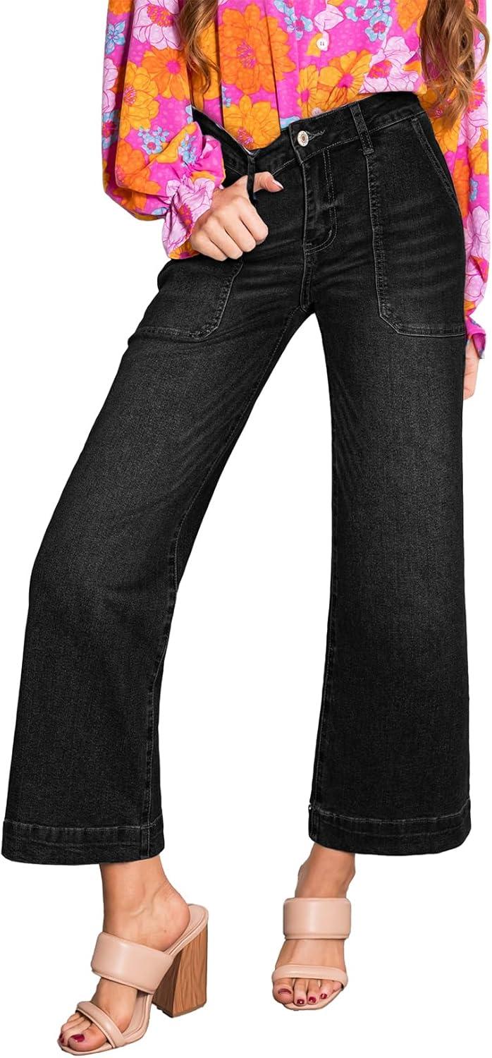 imageAstylish Womens 2026 Stretchy Wide Leg High Waisted Jeans Tummy Control Casual Cropped Ankle Denim PantsBlack