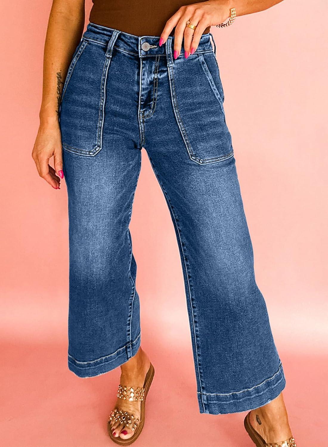 imageAstylish Womens 2026 Stretchy Wide Leg High Waisted Jeans Tummy Control Casual Cropped Ankle Denim PantsDark Blue