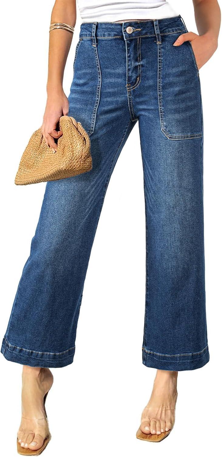 imageAstylish Womens 2026 Stretchy Wide Leg High Waisted Jeans Tummy Control Casual Cropped Ankle Denim PantsDark Blue