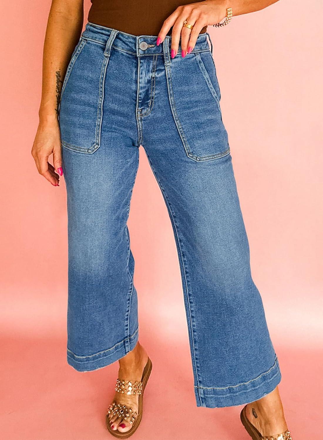 imageAstylish Womens 2026 Stretchy Wide Leg High Waisted Jeans Tummy Control Casual Cropped Ankle Denim PantsDusk Blue