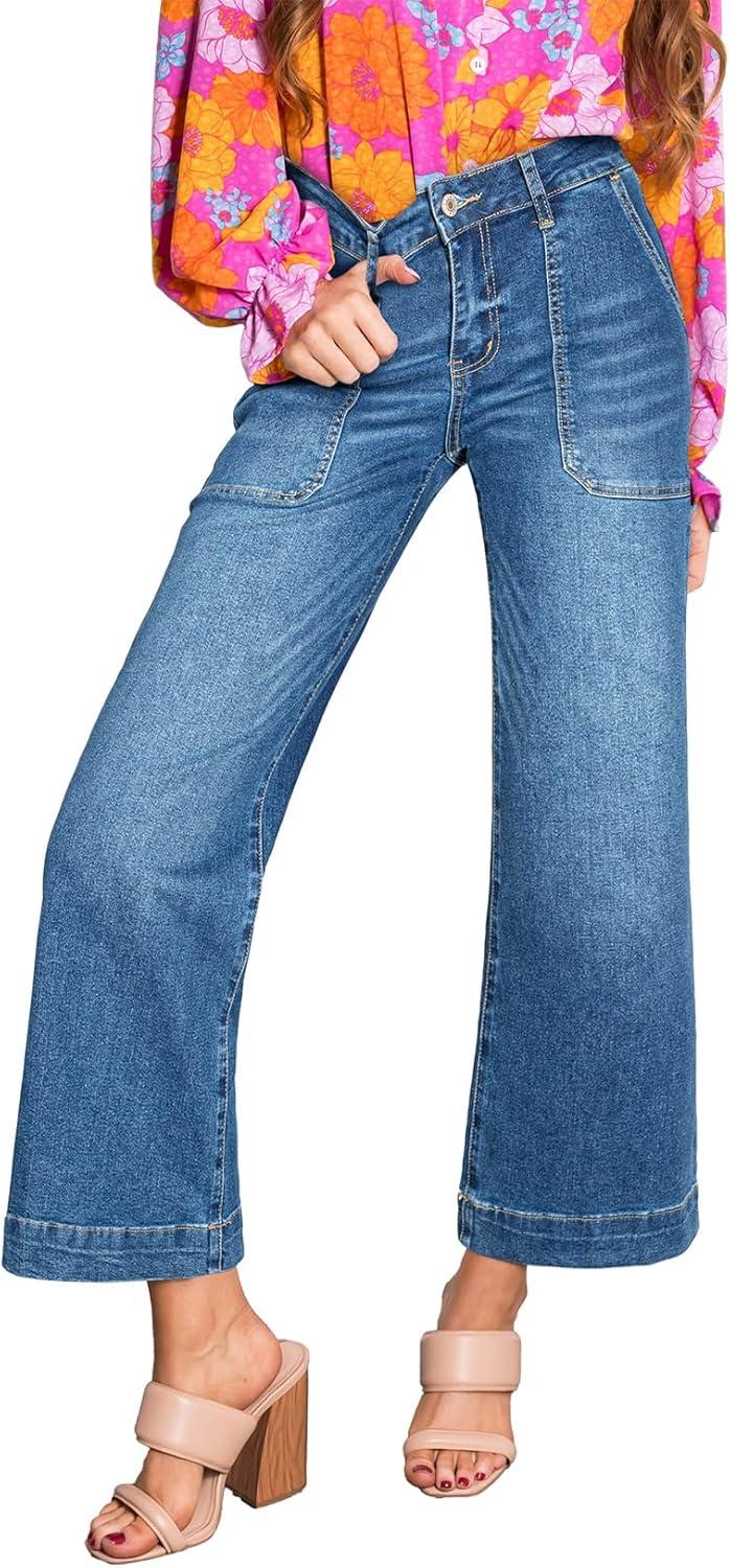 imageAstylish Womens 2026 Stretchy Wide Leg High Waisted Jeans Tummy Control Casual Cropped Ankle Denim PantsDusk Blue