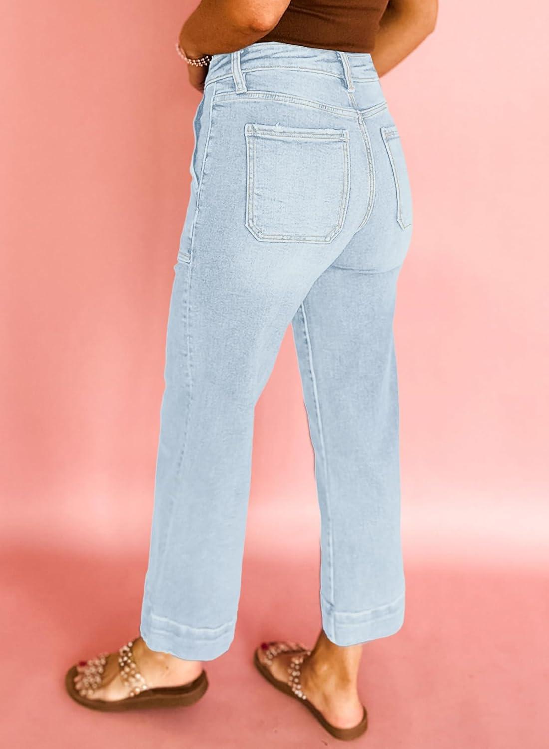 imageAstylish Womens 2026 Stretchy Wide Leg High Waisted Jeans Tummy Control Casual Cropped Ankle Denim PantsLight Blue