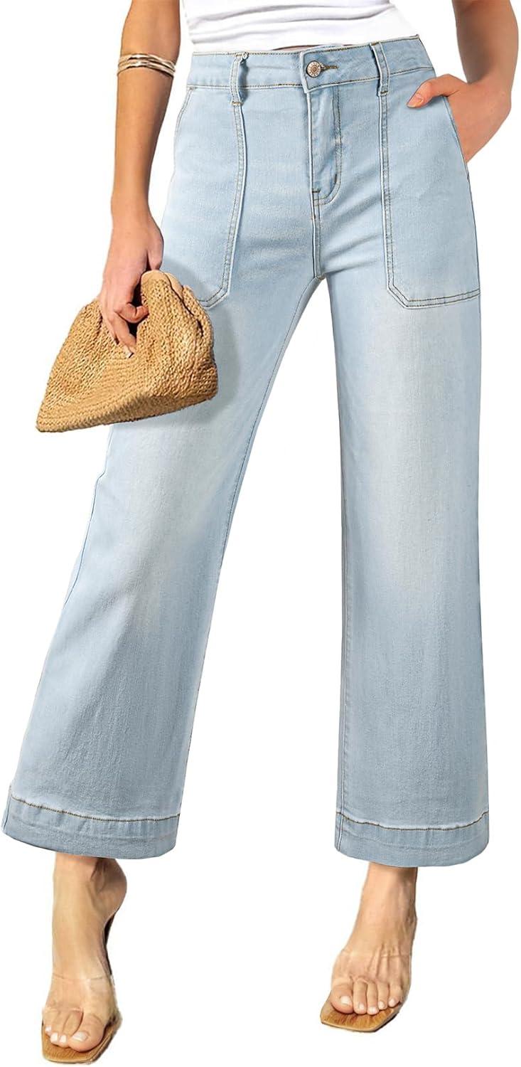 imageAstylish Womens 2026 Stretchy Wide Leg High Waisted Jeans Tummy Control Casual Cropped Ankle Denim PantsLight Blue