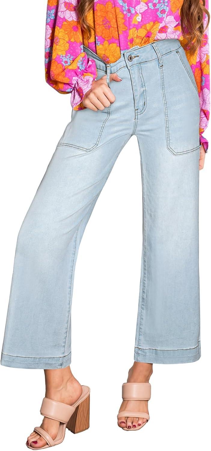 imageAstylish Womens 2026 Stretchy Wide Leg High Waisted Jeans Tummy Control Casual Cropped Ankle Denim PantsLight Blue