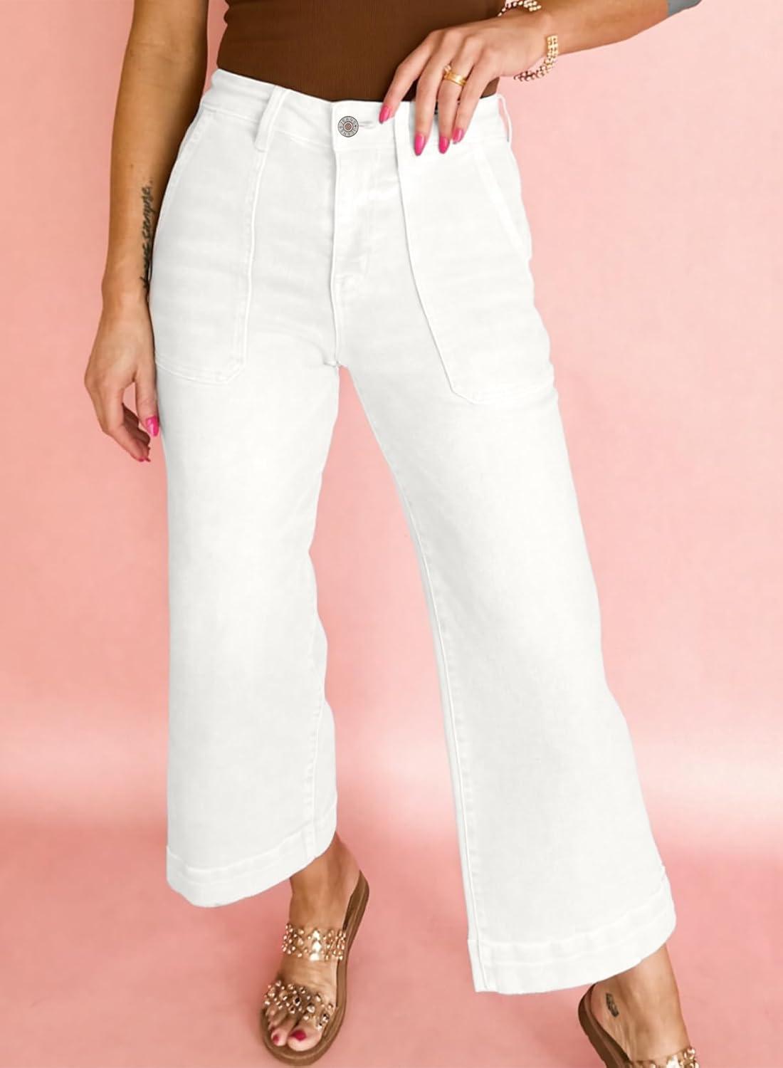 imageAstylish Womens 2026 Stretchy Wide Leg High Waisted Jeans Tummy Control Casual Cropped Ankle Denim PantsWhite