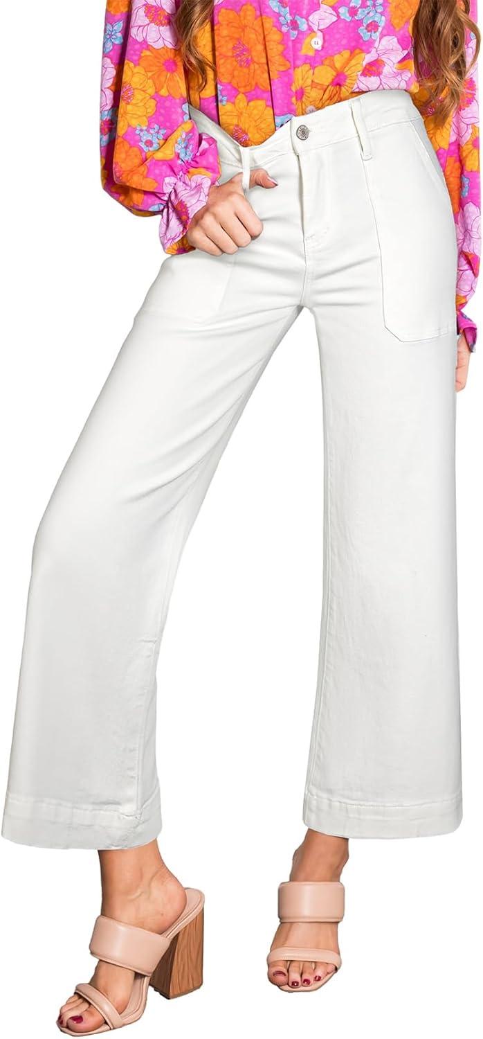 imageAstylish Womens 2026 Stretchy Wide Leg High Waisted Jeans Tummy Control Casual Cropped Ankle Denim PantsWhite