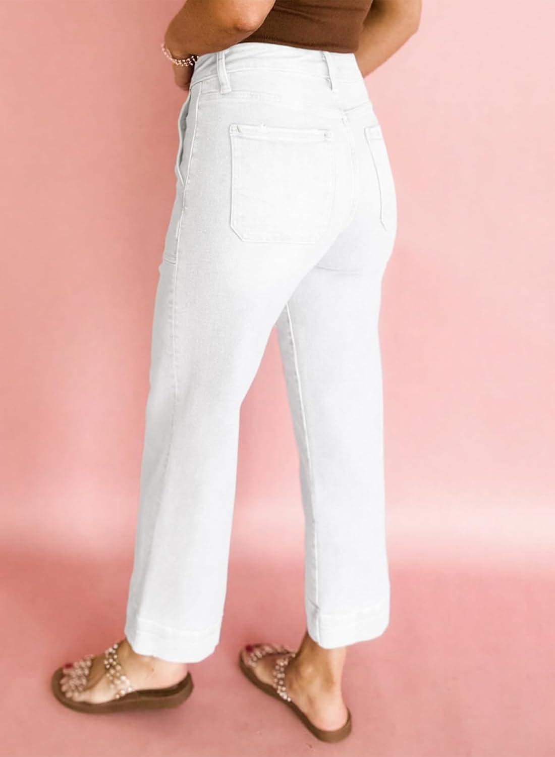 imageAstylish Womens 2026 Stretchy Wide Leg High Waisted Jeans Tummy Control Casual Cropped Ankle Denim PantsWhite