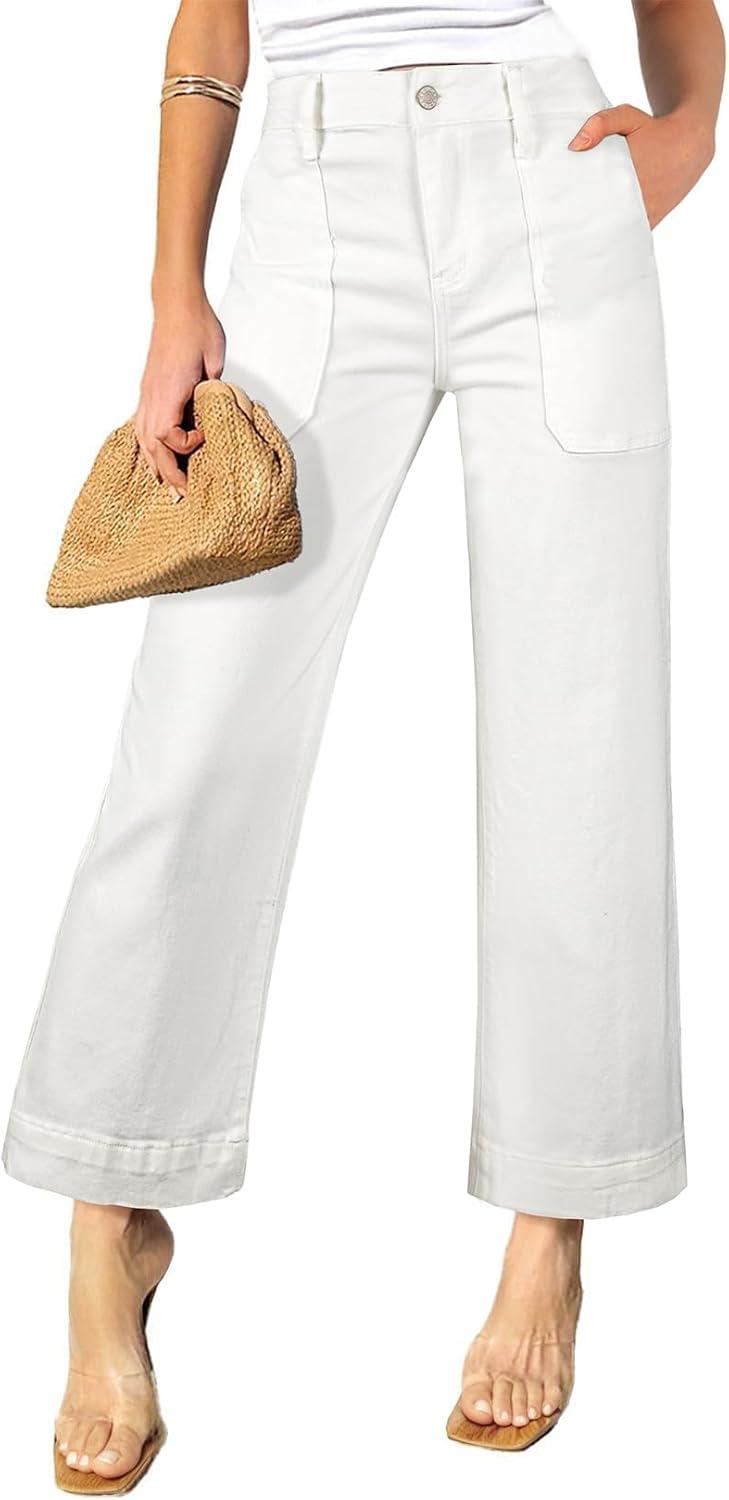 imageAstylish Womens 2026 Stretchy Wide Leg High Waisted Jeans Tummy Control Casual Cropped Ankle Denim PantsWhite