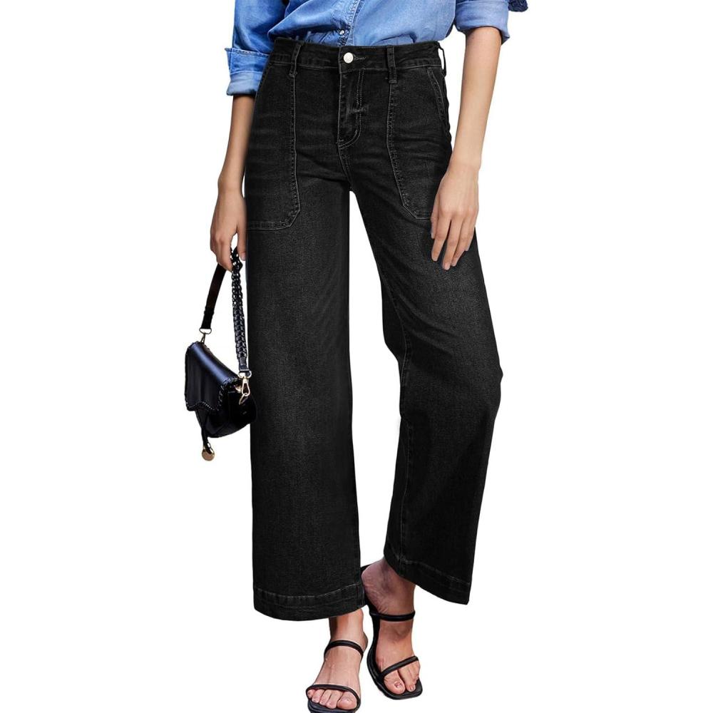 imageAstylish Womens 2026 Stretchy Wide Leg High Waisted Jeans Tummy Control Casual Cropped Ankle Denim PantsBlack