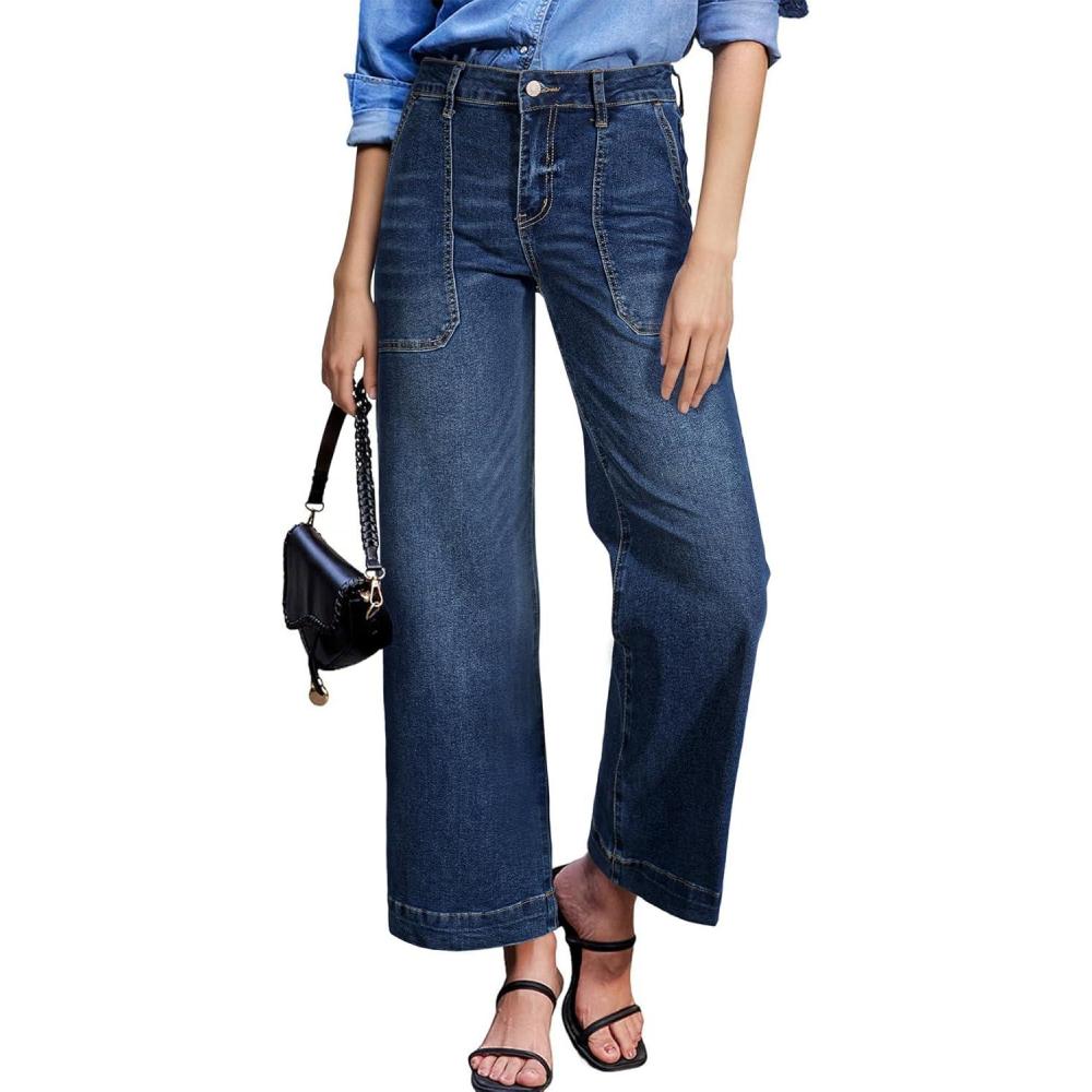 imageAstylish Womens 2026 Stretchy Wide Leg High Waisted Jeans Tummy Control Casual Cropped Ankle Denim PantsBluing