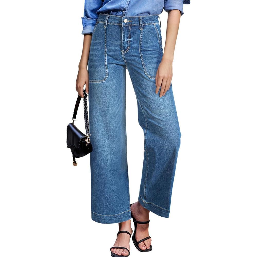 imageAstylish Womens 2026 Stretchy Wide Leg High Waisted Jeans Tummy Control Casual Cropped Ankle Denim PantsDusk Blue