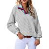 imageAstylish Womens V Neck Striped Shirt Trendy Long Sleeve Dressy Blouse Collared Henley Work TopsGray