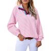 imageAstylish Womens V Neck Striped Shirt Trendy Long Sleeve Dressy Blouse Collared Henley Work TopsSachet Pink