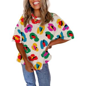 imageAstylish Womens 2026 Abstract Print Blouses Casual Short Sleeve Crewneck Chic Boho Tops Loose Fit Flowy TunicApricot
