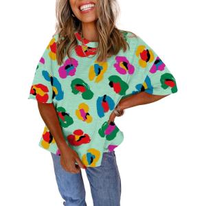 imageAstylish Womens 2026 Abstract Print Blouses Casual Short Sleeve Crewneck Chic Boho Tops Loose Fit Flowy TunicGreen