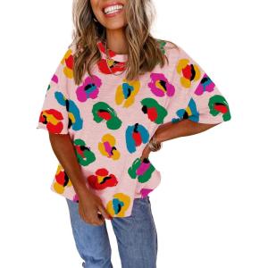 imageAstylish Womens 2026 Abstract Print Blouses Casual Short Sleeve Crewneck Chic Boho Tops Loose Fit Flowy TunicPink