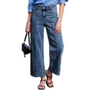 imageAstylish Womens 2026 Stretchy Breathable Wide Leg High Waisted Jeans Casual Cropped Ankle Denim Pants with Vertical SeamsAshleigh Blue