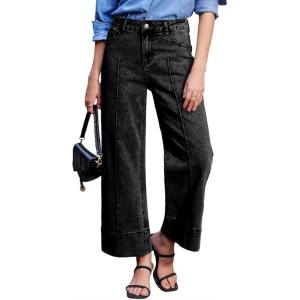 imageAstylish Womens 2026 Stretchy Breathable Wide Leg High Waisted Jeans Casual Cropped Ankle Denim Pants with Vertical SeamsBlack