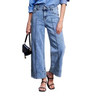 imageAstylish Womens 2026 Stretchy Breathable Wide Leg High Waisted Jeans Casual Cropped Ankle Denim Pants with Vertical SeamsBlue