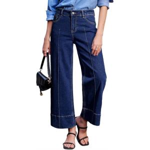 imageAstylish Womens 2026 Stretchy Breathable Wide Leg High Waisted Jeans Casual Cropped Ankle Denim Pants with Vertical SeamsNavy Blue