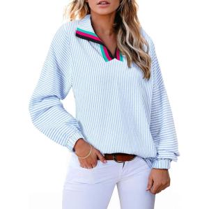 imageAstylish Womens V Neck Striped Shirt Trendy Long Sleeve Dressy Blouse Collared Henley Work TopsBeau Blue