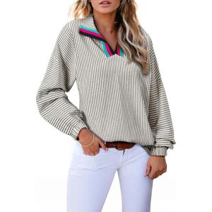 imageAstylish Womens V Neck Striped Shirt Trendy Long Sleeve Dressy Blouse Collared Henley Work TopsBlack White