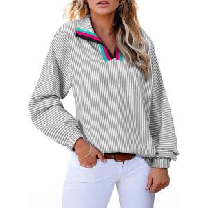 imageAstylish Womens V Neck Striped Shirt Trendy Long Sleeve Dressy Blouse Collared Henley Work TopsGray