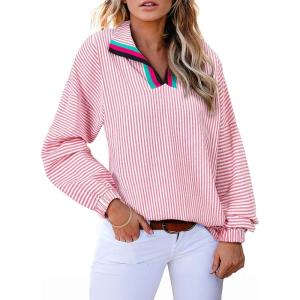 imageAstylish Womens V Neck Striped Shirt Trendy Long Sleeve Dressy Blouse Collared Henley Work TopsRed Clay