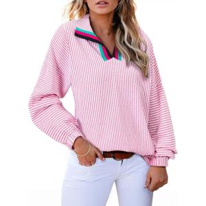 imageAstylish Womens V Neck Striped Shirt Trendy Long Sleeve Dressy Blouse Collared Henley Work TopsSachet Pink