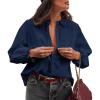 image:imageAstylish Women Spring Summer Tops Ruffle Collar Button Down Shirts Long Sleeve Pleated Business Casual BlousesNavy Blue