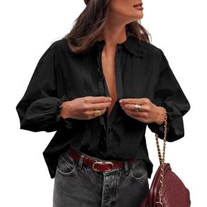 image:imageAstylish Women Spring Summer Tops Ruffle Collar Button Down Shirts Long Sleeve Pleated Business Casual BlousesBlack