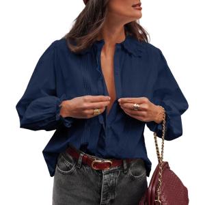 image:imageAstylish Women Spring Summer Tops Ruffle Collar Button Down Shirts Long Sleeve Pleated Business Casual BlousesNavy Blue