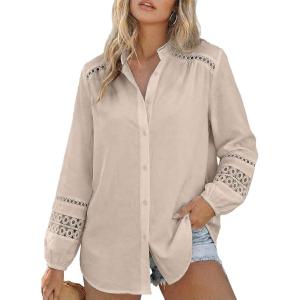 image:imageAstylish Womens Cotton Linen Button Down Shirt Eyelet Lace Long Sleeve Blouse Boho TopsBeige