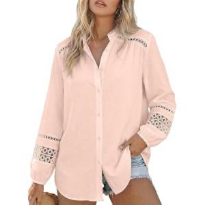 image:imageAstylish Womens Cotton Linen Button Down Shirt Eyelet Lace Long Sleeve Blouse Boho TopsLight Pink