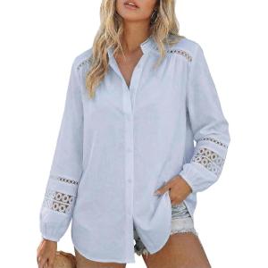 image:imageAstylish Womens Cotton Linen Button Down Shirt Eyelet Lace Long Sleeve Blouse Boho TopsSky Blue