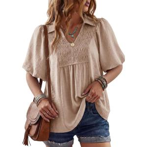 image:imageAstylish Womens Dressy Smocked V Neck Babydoll Peplum Tops Summer Puff Sleeve Cute Elegant Ruffle Blouse ShirtApricot