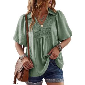 image:imageAstylish Womens Dressy Smocked V Neck Babydoll Peplum Tops Summer Puff Sleeve Cute Elegant Ruffle Blouse ShirtGrass Green