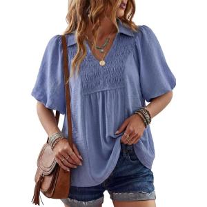 image:imageAstylish Womens Dressy Smocked V Neck Babydoll Peplum Tops Summer Puff Sleeve Cute Elegant Ruffle Blouse ShirtSky Blue