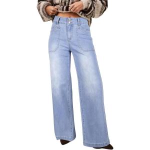 image:imageAstylish Womens High Waisted Wide Leg Jeans Stretch Denim Pants Double Button Trousers with Patch PocketsBeau Blue
