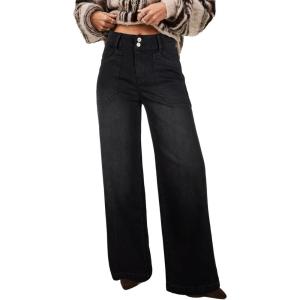image:imageAstylish Womens High Waisted Wide Leg Jeans Stretch Denim Pants Double Button Trousers with Patch PocketsBlack