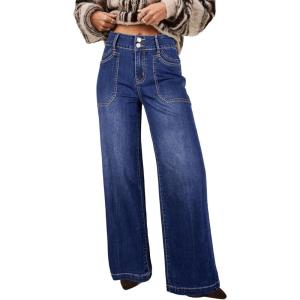 image:imageAstylish Womens High Waisted Wide Leg Jeans Stretch Denim Pants Double Button Trousers with Patch PocketsBluing