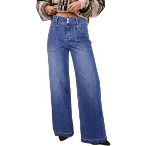 image:imageAstylish Womens High Waisted Wide Leg Jeans Stretch Denim Pants Double Button Trousers with Patch PocketsSky Blue