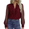 image:imageAstylish Womens Dressy Button Down Polka Dot Tops Trendy V Neck Sheer Mesh Long Sleeve Ruffle Trim Blouse ShirtsBurgundy