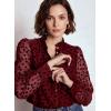 image:imageAstylish Womens Dressy Button Down Polka Dot Tops Trendy V Neck Sheer Mesh Long Sleeve Ruffle Trim Blouse ShirtsBurgundy