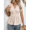 image:imageAstylish Womens Elegant Wrap V Neck Peplum Tops Cap Sleeve Stretchy Ruched Ruffle Dressy Blouses ShirtsApricot