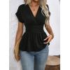 image:imageAstylish Womens Elegant Wrap V Neck Peplum Tops Cap Sleeve Stretchy Ruched Ruffle Dressy Blouses ShirtsBlack