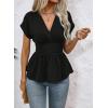 image:imageAstylish Womens Elegant Wrap V Neck Peplum Tops Cap Sleeve Stretchy Ruched Ruffle Dressy Blouses ShirtsBlack