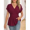 image:imageAstylish Womens Elegant Wrap V Neck Peplum Tops Cap Sleeve Stretchy Ruched Ruffle Dressy Blouses ShirtsBurgundy